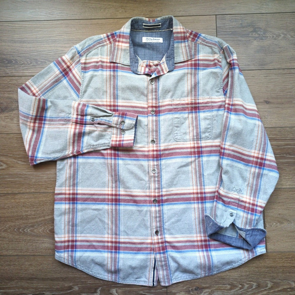 Tommy Bahama Canyon Beach Flannel Button Down Shirt Grey Blue Orange Plaid L